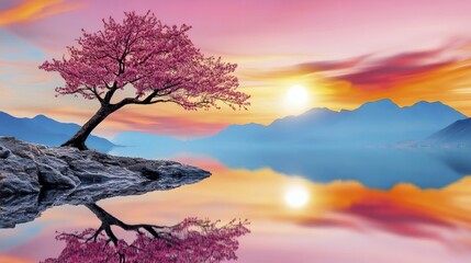 Serene Sunset Landscape with Blooming Tree and Mountain Reflections