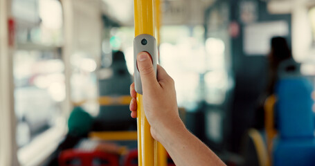 Button, hand and public transport with person on bus for commute, travel or stop at destination. Location, route and trip with passenger holding railing for balance or stability in transit vehicle