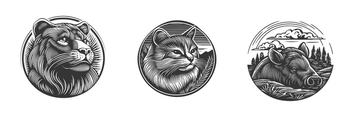 Detailed Hand-Drawn Animal Illustrations in Black and White Style