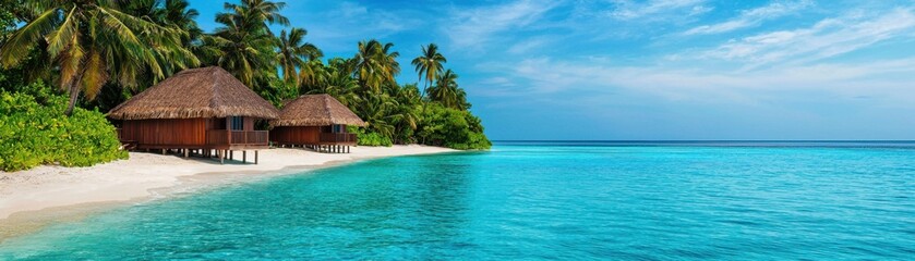 Tropical beach with clear turquoise water and palm trees under a bright blue sky.