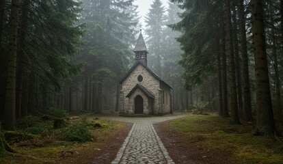 Stone chapel in foggy forest with pathway leading to the door,
