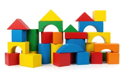 Colorful wooden blocks stacked to form a small structure,