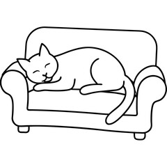 Lazy cat sleeping on a couch line art vector illustration 