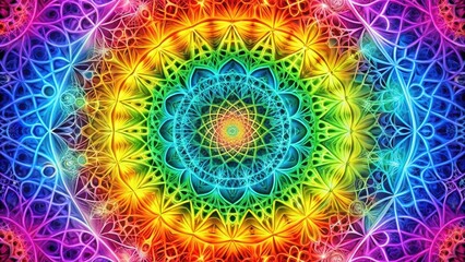 Vibrant Rainbow Mandala A Symmetrical Design Featuring Intricate Floral Patterns and Glowing Hues