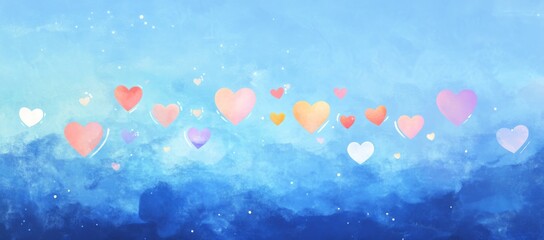 Fototapeta premium A blue background with a row of hearts in various colors