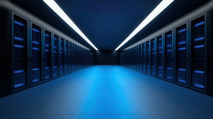 High-Tech Server Room with Blue Lighting and Rows of Data Storage Units