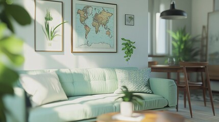 Elegant Scandinavian living room mint sofa vibrant green plants framed map on white walls cozy yet minimalist design with open dining space. 