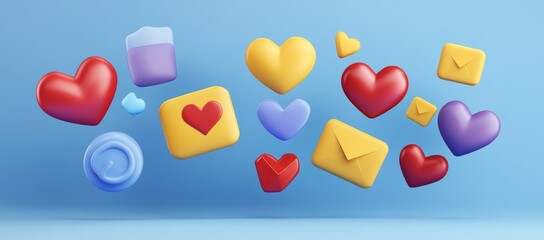 A blue background with many hearts and letters flying around
