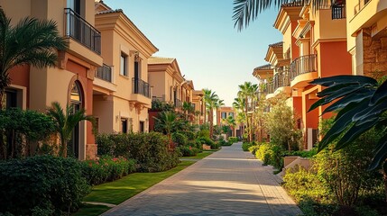 Naklejka premium Elegant townhouses with a modern aesthetic muted colors stylish balconies lush gardens soft shadows from warm sunlight. 