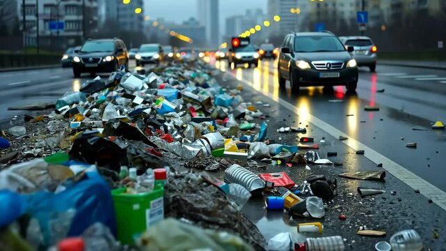 Urban pollution crisis on city streets during rainy evening hours with overflowing garbage waste