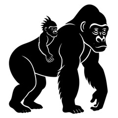 Mountain gorilla with a baby on it's back silhouette vector illustration 