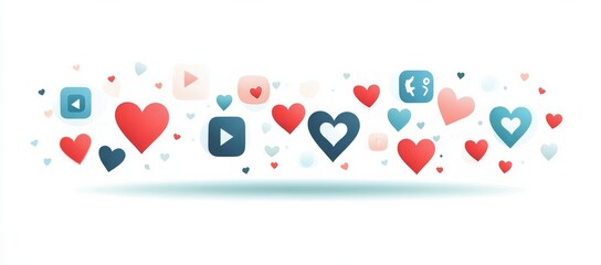 A row of hearts and other icons are scattered across a white background
