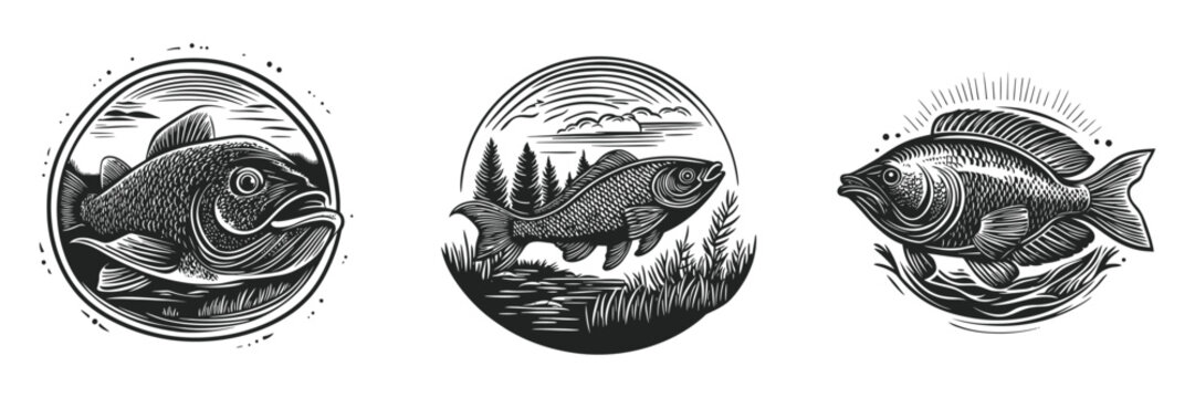 Hand-Drawn Fish Illustrations in Black and White Style