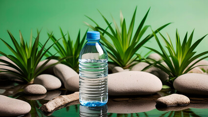 A bottle of water against the background of green plants, stones and a stream, colors and natural textures emphasize freshness and naturalness, for mineral water brands and eco-friendly drinks.