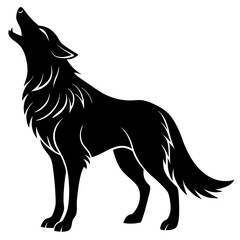 Black and white vector silhouette of a wild running dog and wolf, a cartoon animal art illustration