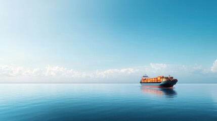 Container Ship Sailing Calm Water Under Clear Blue Sky at Dawn