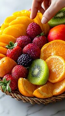 Elegant fruit basket arranged on a marble countertop showcasing a variety of fresh fruits with vibrant colors