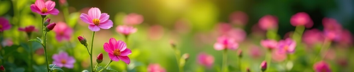Vibrant pink impatient flowers blooming among lush greenery in a sunny garden,  vibrant garden,  pink flowers