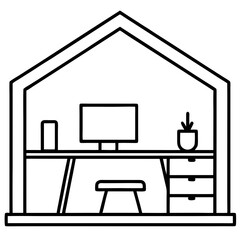 Remote work home office setup line art vector illustration
