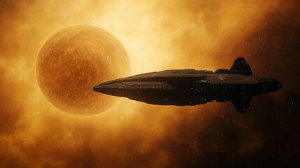 Obraz premium Futuristic spaceship silhouette against vivid cosmic sunset with radiant sun in background