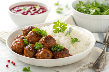 Warm Meatballs with Rice and Cranberry Sauce – Comforting Home-Cooked Meal