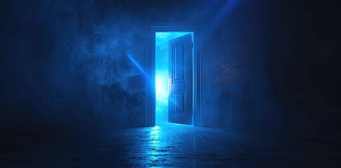 a majestic door open with blue light and smoke