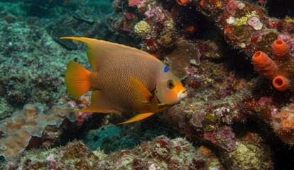 A colorful angelfish swims near a vibrant coral reef,