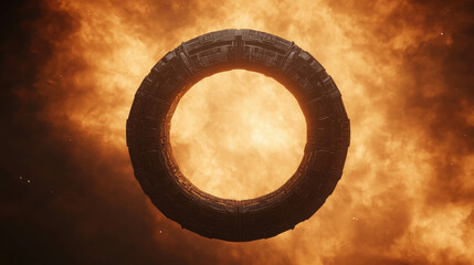 Futuristic Space Gateway Surrounded by Fiery Celestial Energy in Alien Landscape