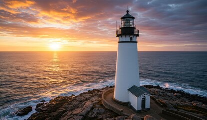 Lighthouse on rocky coast at sunset,