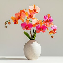 Elegant orchid arrangement in a minimalist vase softly illuminated to highlight the beauty of the floral display