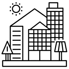 Solar powered smart city buildings line art vector illustration