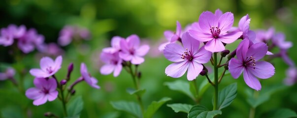 Fototapeta premium Vibrant purple flowers in full bloom among verdant foliage in a lush garden setting, vibrant colors, colorful