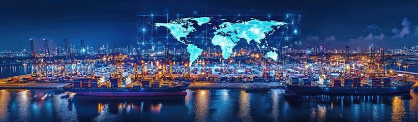 Cargo logistics ship and global business tracking concept. Aerial view of a bustling port with digital world map overlay.