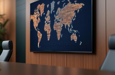 Cargo logistics world map and transportation business concept. A modern conference room featuring a world map display.