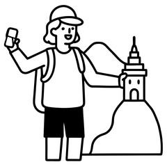 Summer beach party with surfboard line art vector illustration