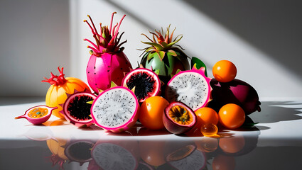 Composition with exotic fruits such as pineapples, mangoes and coconuts placed on a white background to advertise juices, smoothies or healthy snacks.