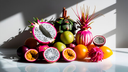 Composition with exotic fruits such as pineapples, mangoes and coconuts placed on a white background to advertise juices, smoothies or healthy snacks.