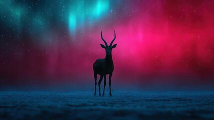 Majestic Antelope Silhouetted Against Vibrant Aurora Borealis Night Sky