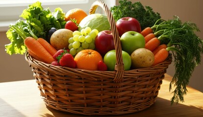Abundance of fresh fruits and vegetables in a wicker basket,