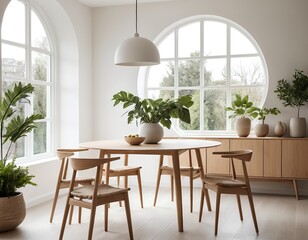 Fototapeta premium Modern Light Wood Dining Room with Large Windows
