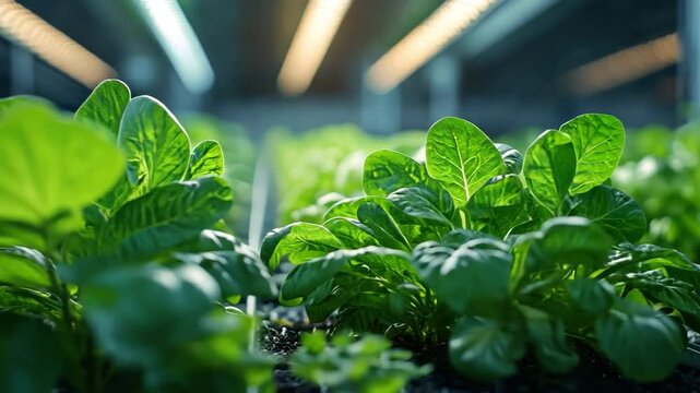Hydroponic Green Delight: Close-up shot showcases rows of vibrant, healthy lettuce and other leafy greens thriving within a hydroponic system under controlled lighting.