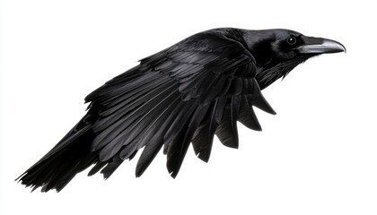 Naklejka premium Raven in flight on white backdrop for symbolism, nature studies or Halloween