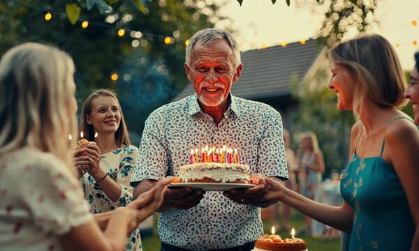 Elderly Man Blowing Out Candles on a Cake Surrounded by His Delighted Wife and Family in the Backyard Made with Generative AI technology. International Day of Older Persons. World Marriage Day