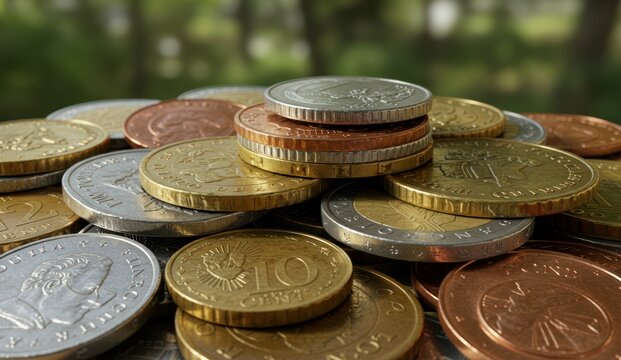 Pile of shiny Euro coins in various denominations,