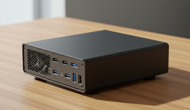 A compact mini PC resting on a light wood-grain surface,