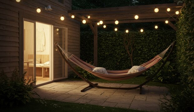 Cozy hammock in a lit backyard at night,