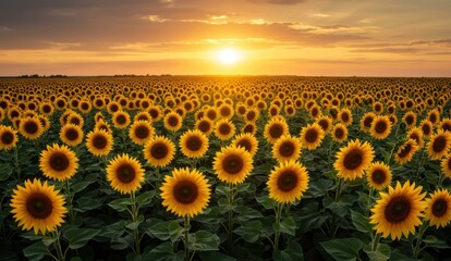 Obraz premium Field of sunflowers bathed in the warm glow of the setting sun,