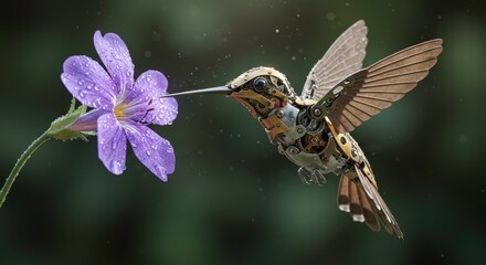 Fototapeta premium Steampunk Hummingbird in Flight Near Purple Flower Detailed Mechanical Bird