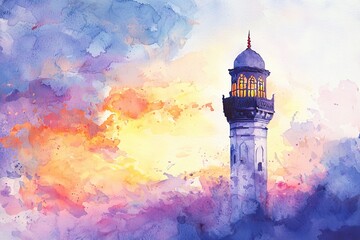 Watercolor painting of a quiet minaret standing against the soft light of dawn. Gentle hues of purple and orange fill the sky, on isolated white background