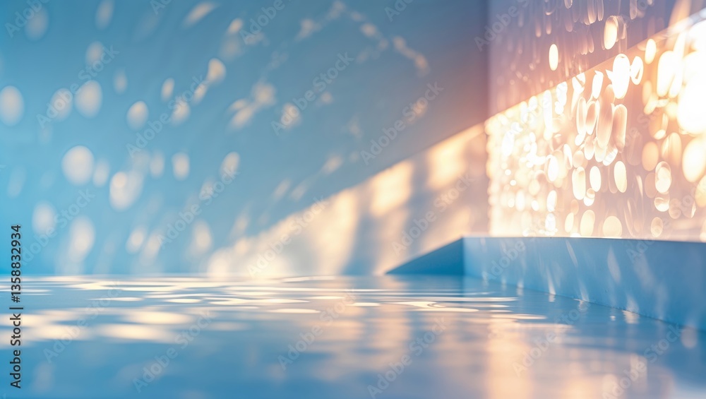 Poster soft light and shimmering reflections create a serene atmosphere in an indoor space during golden ho
